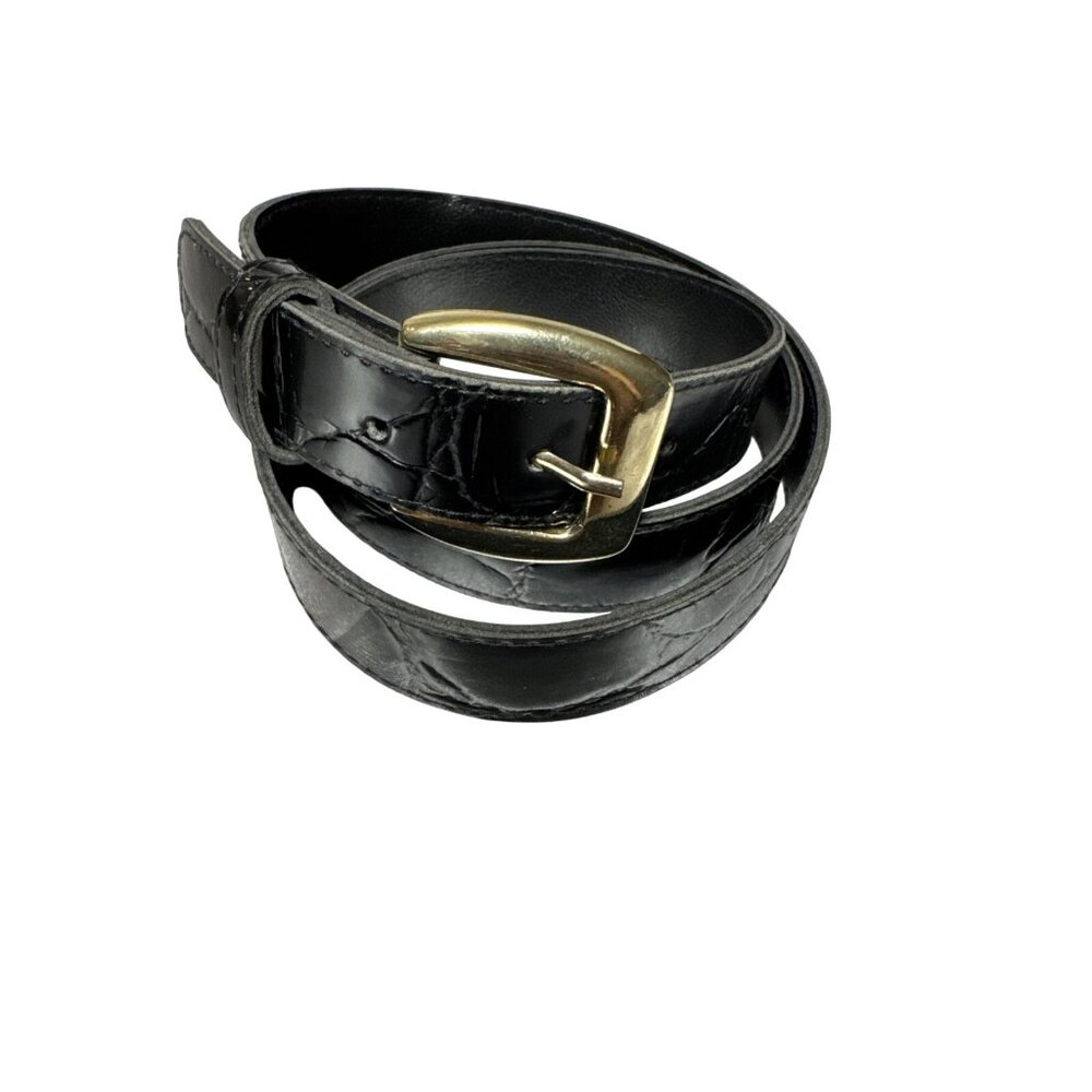 Womens Black Faux Croc Leather Belt With Gold Buckle